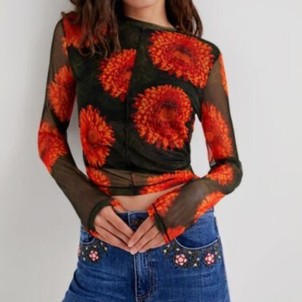 Desigual Black Mesh Top with Orange Floral Print